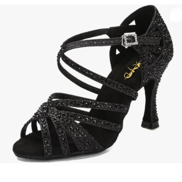 XYD Women Dance Ballroom Latin Jazz Sandals Mid Heels Crystal Rhinestones Black - Picture 1 of 8